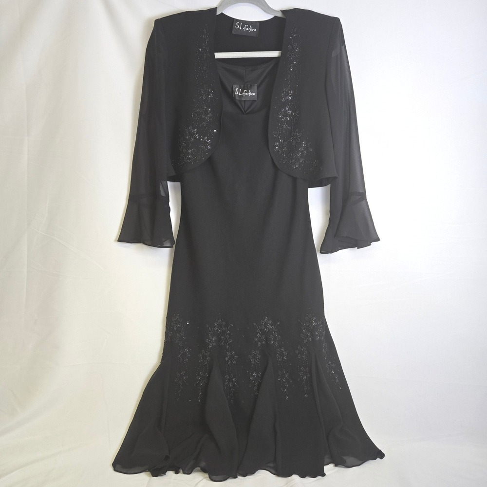 SL Fashions Evening Dress & Bolero Jacket Black Sequin Embellished 2 VTG READ